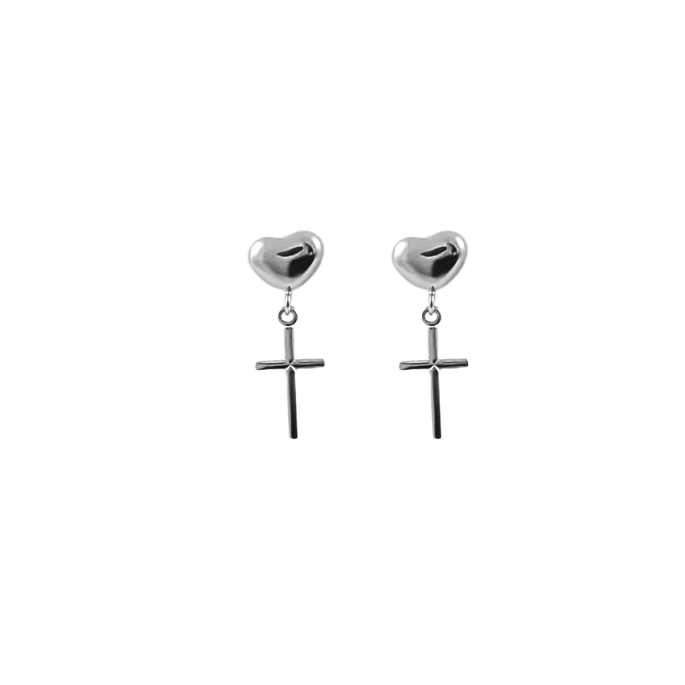 Orecchini con cuore e croce pendente design argento 925
