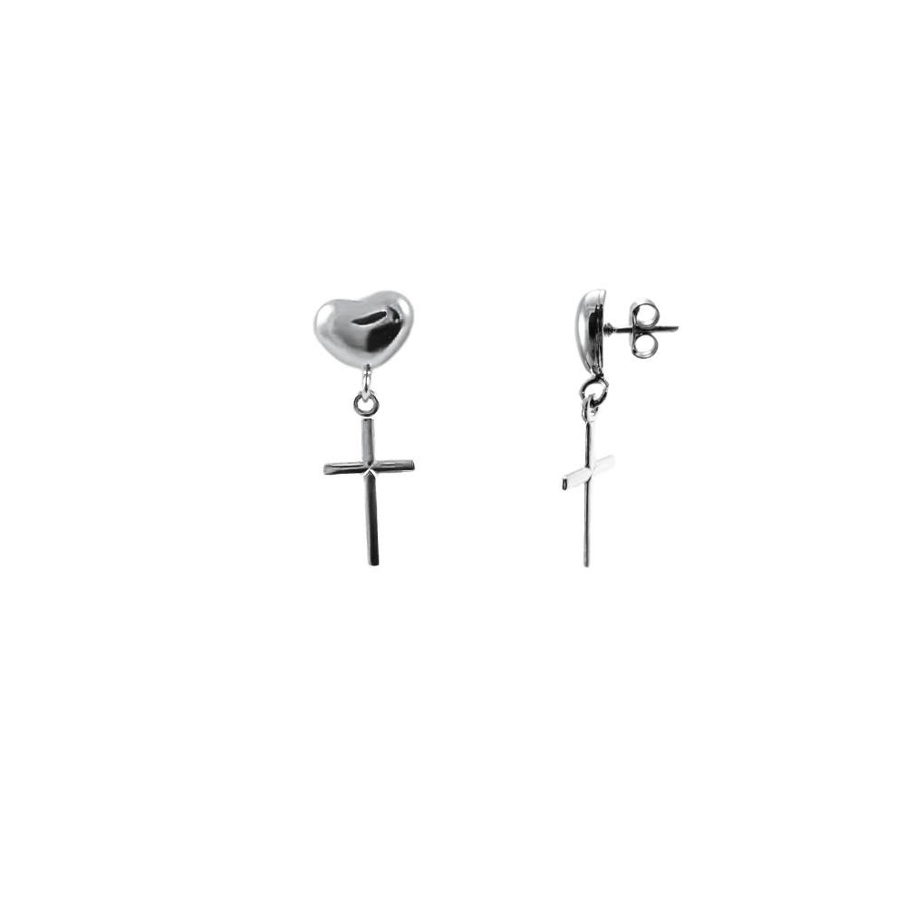 Orecchini con cuore e croce pendente design argento 925
