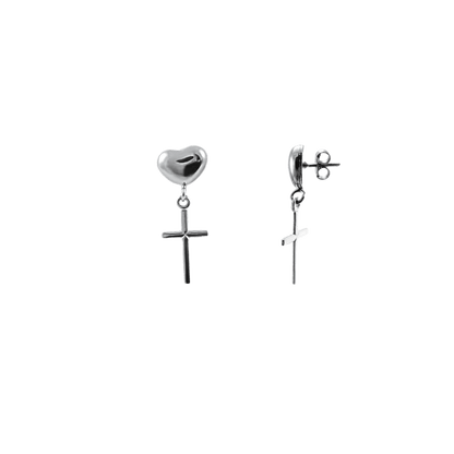 Orecchini con cuore e croce pendente design argento 925