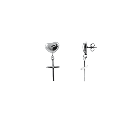 Orecchini con cuore e croce pendente design argento 925